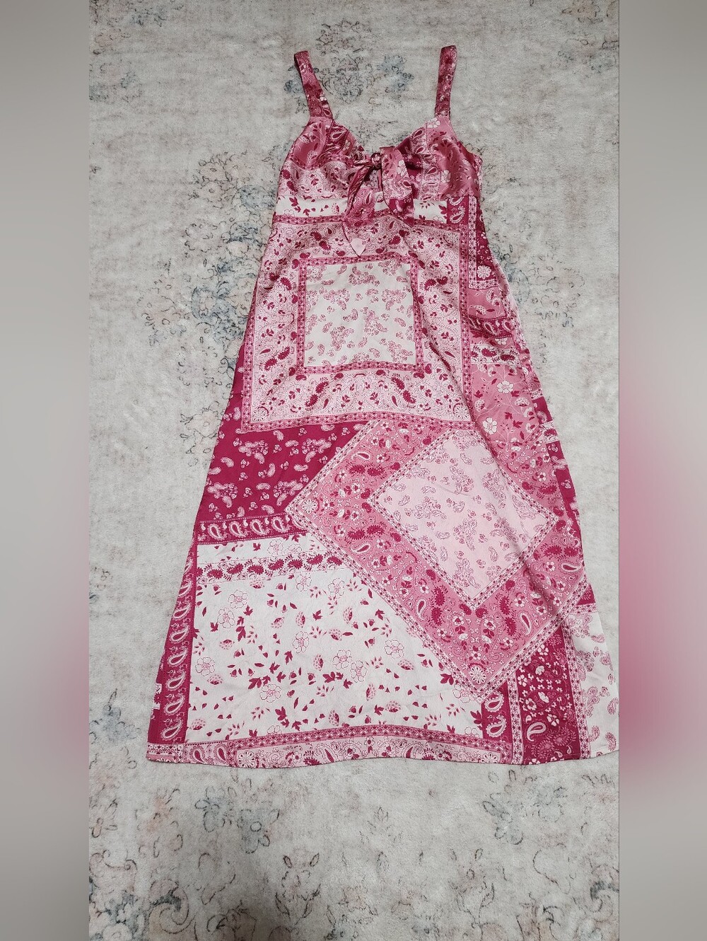 Gigio Pink Patchwork Bandana Print Bow Maxi Dress Western Boho Coquette